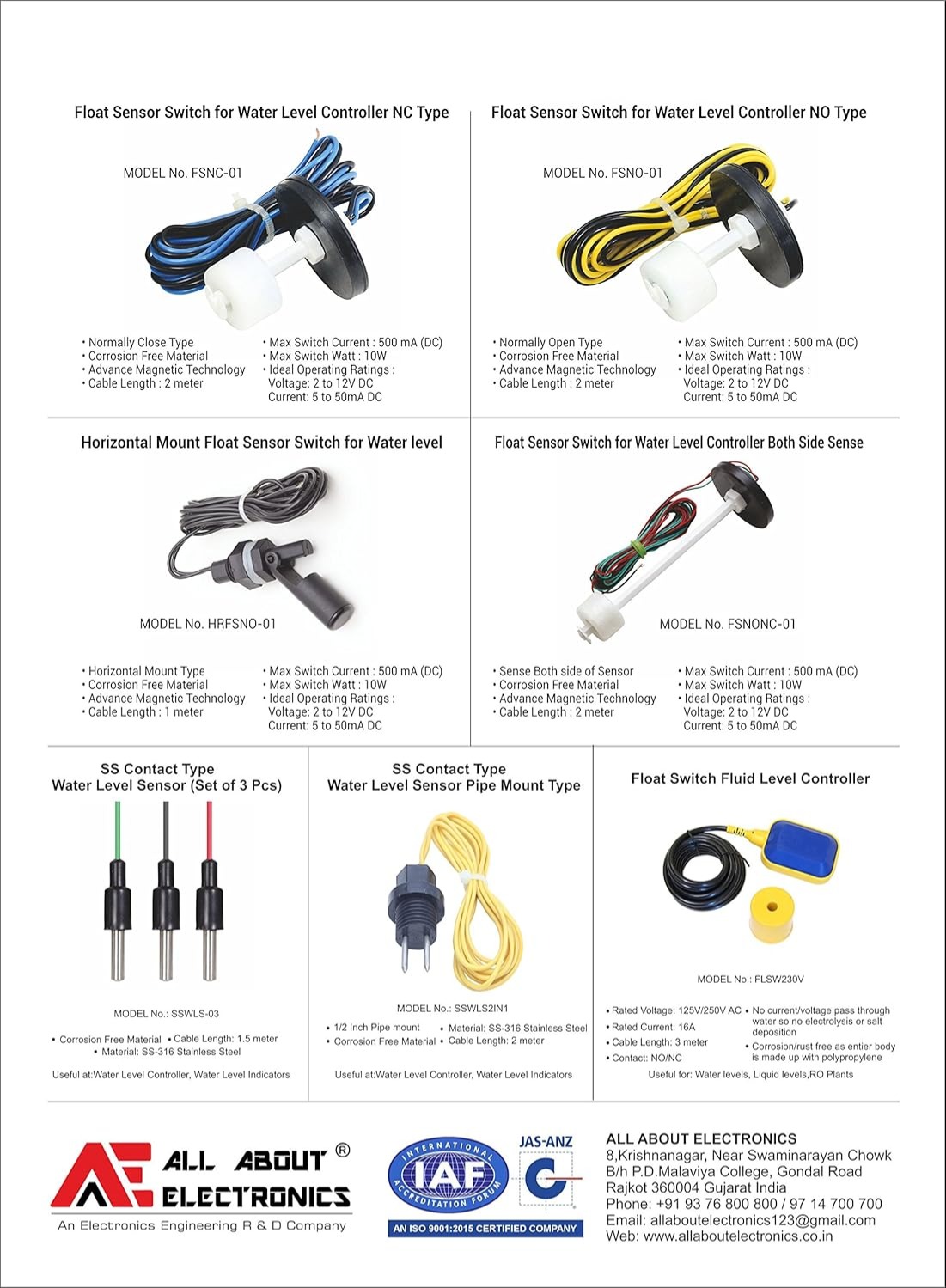 Float Sensor Switch For Water Level Controller Both Side Sense, Corrosion Free