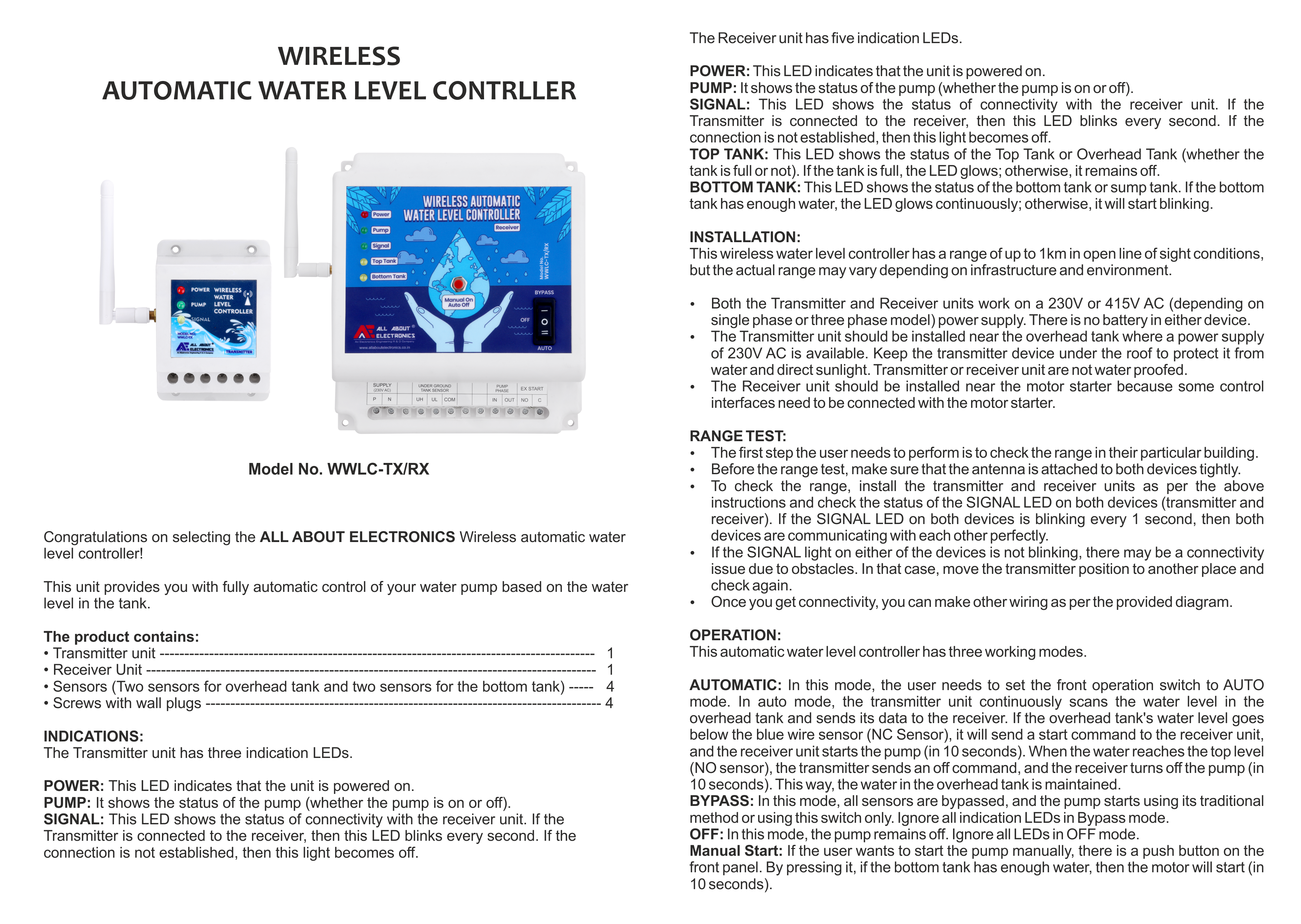 Wireless Automatic Water Level Controller Model No.WWLC-TX/RX - Single Phase